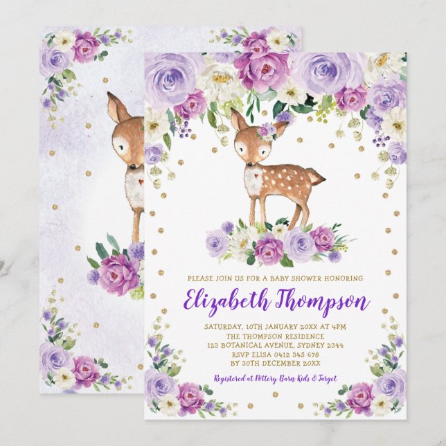 Lavender Gold Floral Woodland Deer Baby Dusche Einladung (Vorne/Hinten)