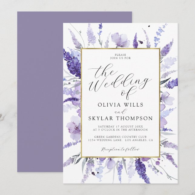 Lavender Gold Frame Floral Violet Lilac Wedding Einladung (Vorne/Hinten)