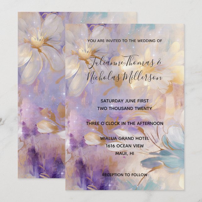 Lavender Gold Glam Floral Wedding Einladung (Vorne/Hinten)