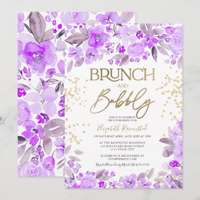 Lavender Gold Glitzer Blumenzauber Brautparty Einladung (Vorne/Hinten)