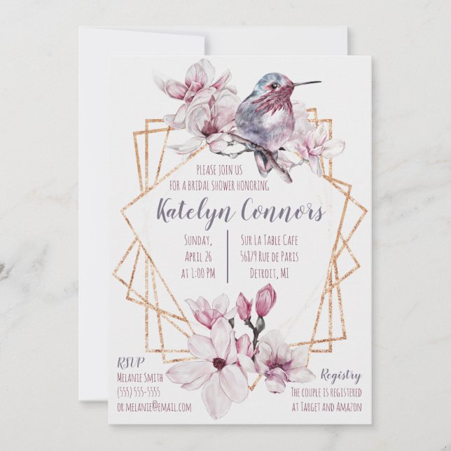 Lavender & Gold Hummingbird Themed Brautparty Einladung (Vorderseite)