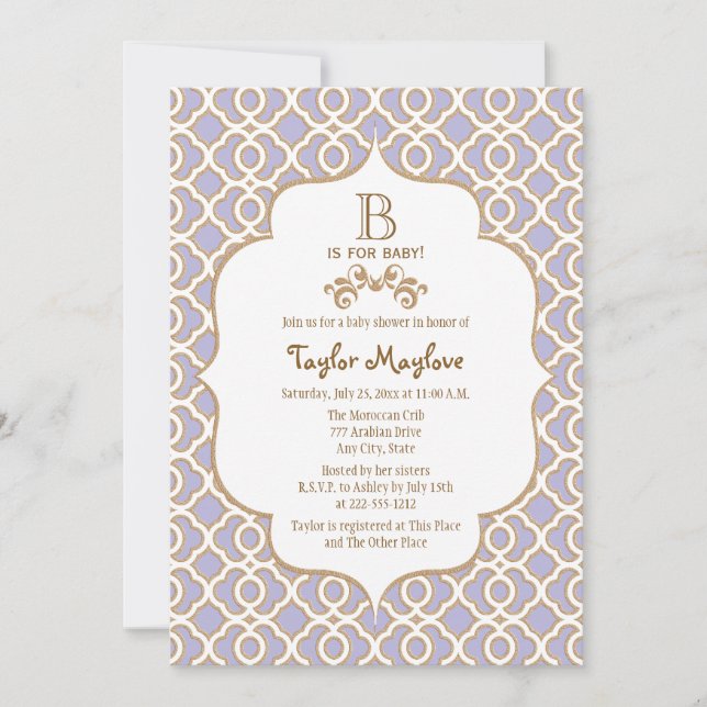 Lavender Gold Marocain Baby Shower Invitations (Devant)