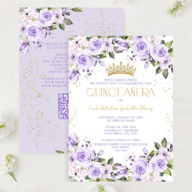 Lavender Gold QR Quinceñera Mis Quince 15 Años Einladung (Von Creator hochgeladen)