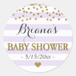 Lavender Gold Stripe Confetti Baby Girl Dusche Runder Aufkleber