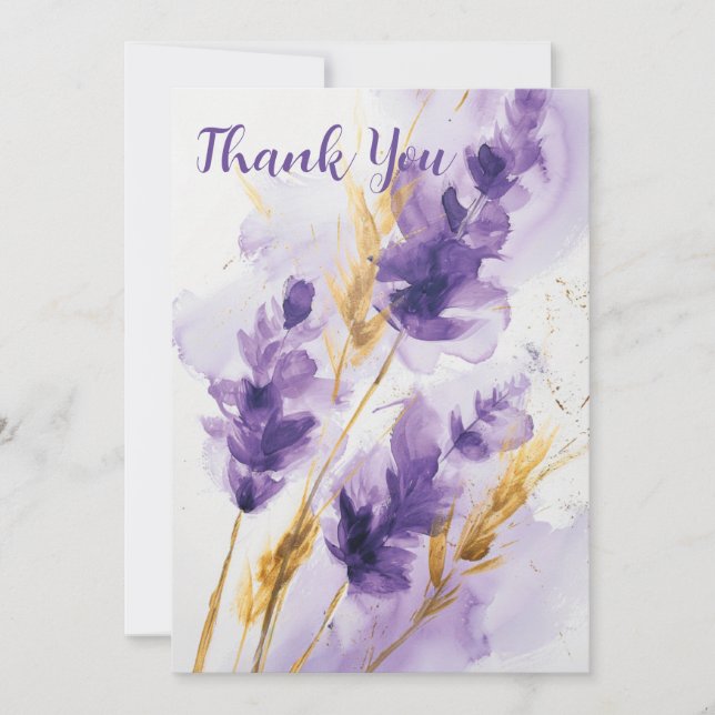 Lavender Golden Watercolor Floral Danke Karte (Vorderseite)