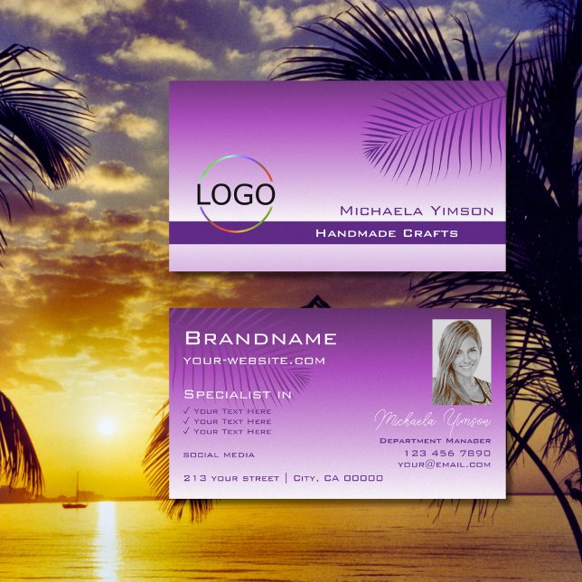 Lavender Gradient Palm Leaf mit Logo und Foto Visitenkarte (Von Creator hochgeladen)