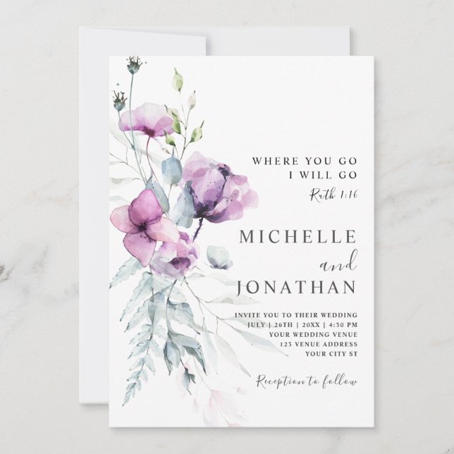 Lavender Gray Floral Bible Verse Christliche Hochz Einladung (Vorderseite)
