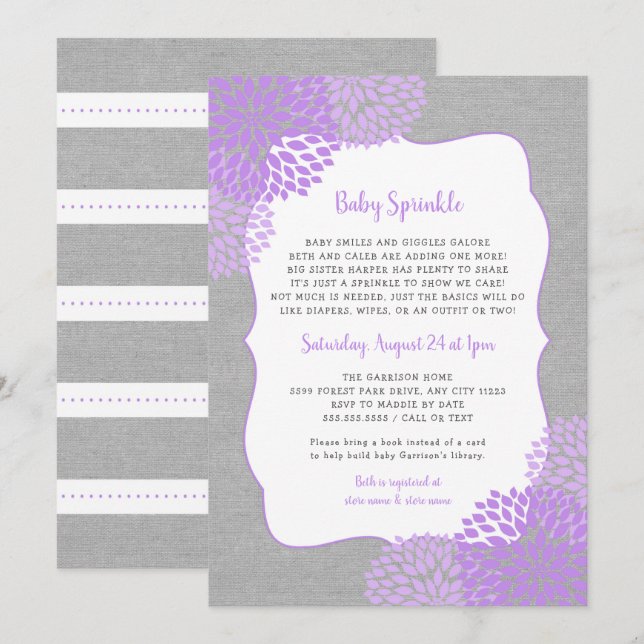 Lavender Gray Girl Baby Sprinkle Einladung (Vorne/Hinten)