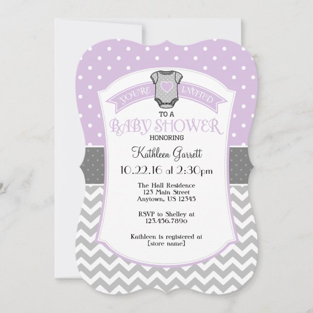 Lavender Gray Polka Dot Zickzack Kinderdusche Einl Einladung (Vorderseite)