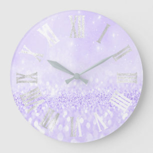 Lavender  Gray Silver Glitter Metal Roman Numers Große Wanduhr