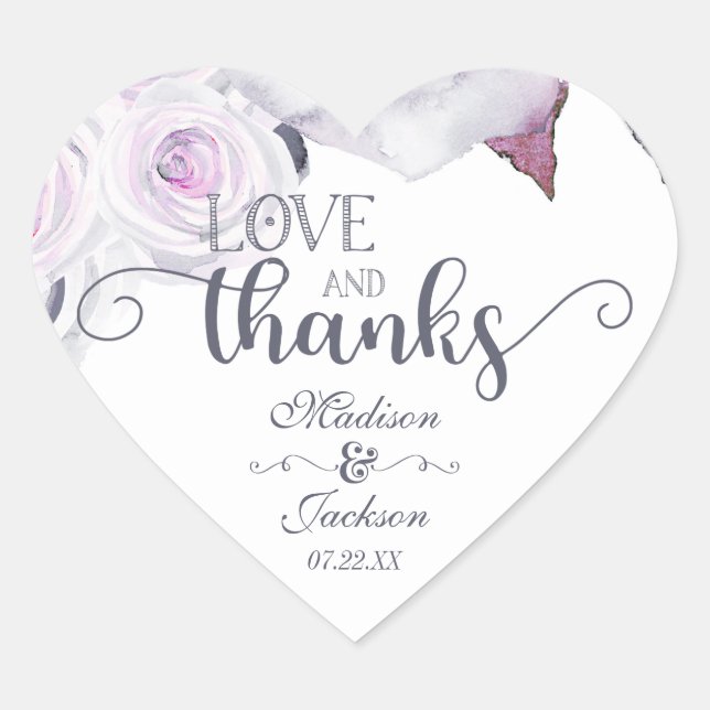 Lavender & Gray Wedding Liebe & Vielen Dank Herz-Aufkleber (Vorderseite)