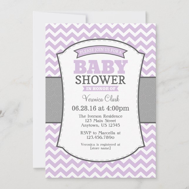 Lavender Gray Zickzack Baby Dusche Einladung (Vorderseite)