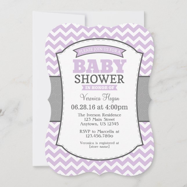 Lavender Gray Zickzack Baby Dusche Einladung (Vorderseite)