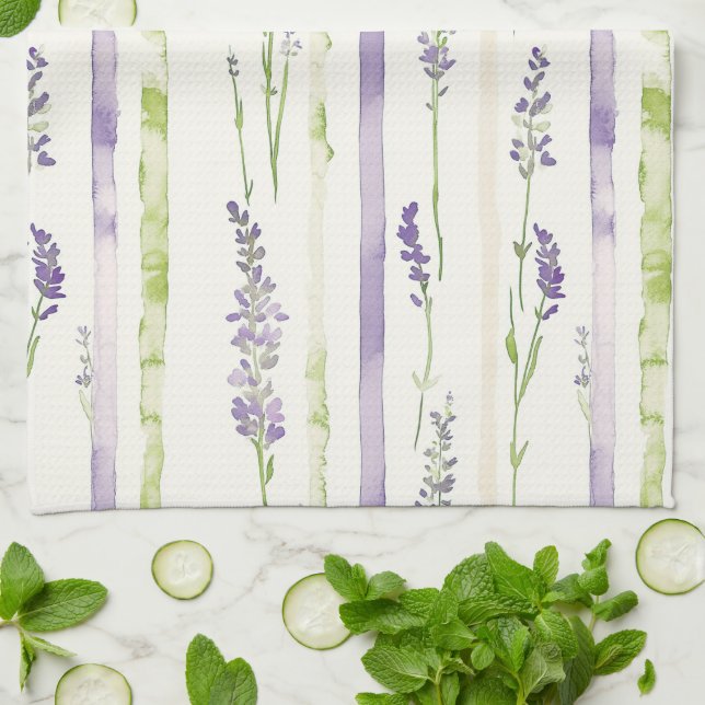 Lavender Green Stripes Floral   Geschirrtuch (Gefaltet)