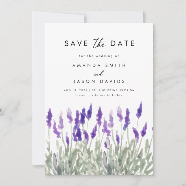 Lavender Greenery Lilac Lila Save the Date Einladung (Vorderseite)