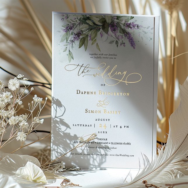 Lavender Greenery Wedding Gold Foil Akzente Folieneinladung (Von Creator hochgeladen)