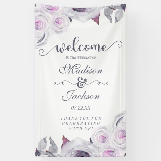 Lavender & Grey Floral Wreath Wedding Willkommen Banner (Vertikal)