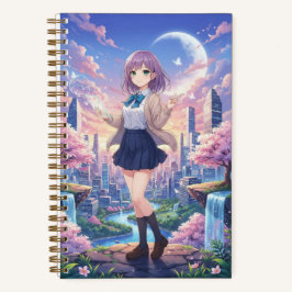 Lavender Hair Anime Girl & Sunset Cityscape  Notizbuch