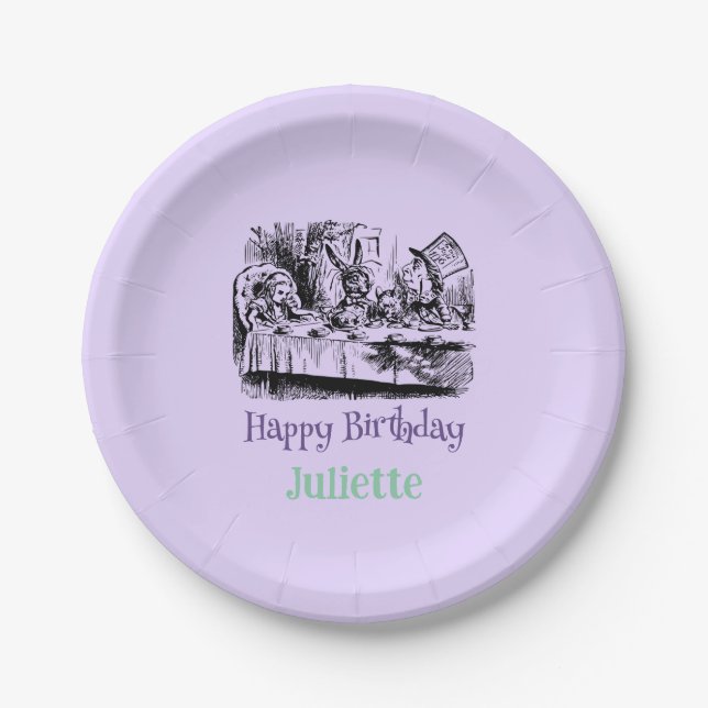 Lavender Happy Birthday Alice im Wunderland Pappteller (Vorderseite)