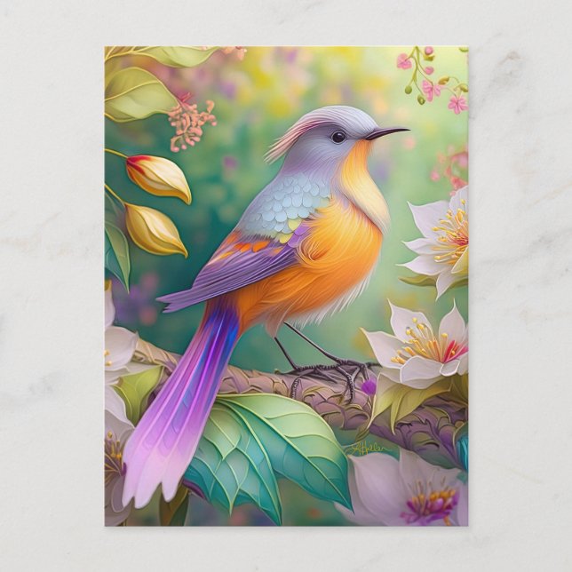 Lavender Headed Orange Breastase Fantasy Bird Postkarte (Vorderseite)
