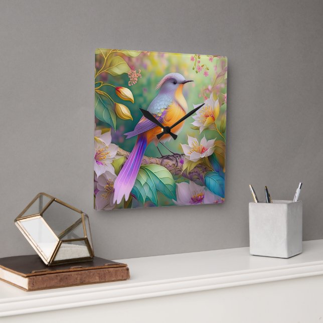 Lavender Headed Orange Breastase Fantasy Bird Quadratische Wanduhr (Büro)