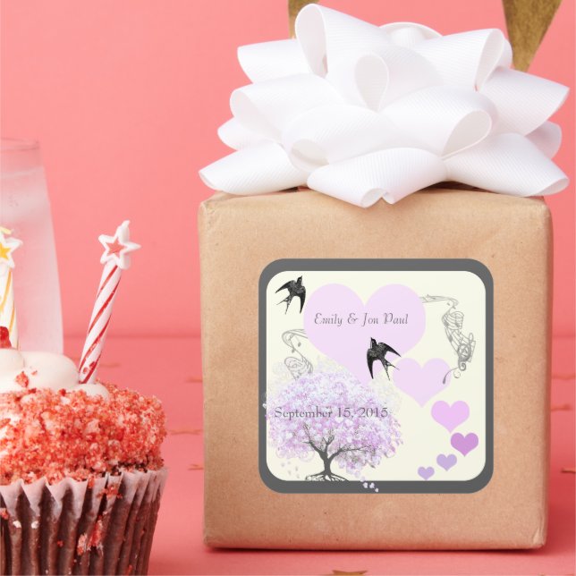 Lavender Heart Leaf Tree Wedding Quadratischer Aufkleber (Party)