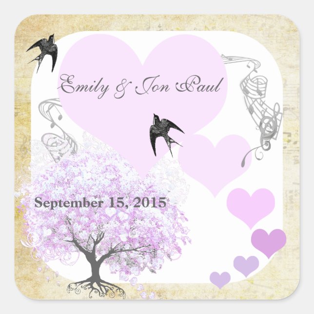 Lavender Heart Leaf Tree Wedding Quadratischer Aufkleber (Vorderseite)