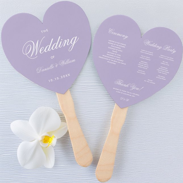 Lavender Heart Wedding Program Lila White Script Fächer (Von Creator hochgeladen)