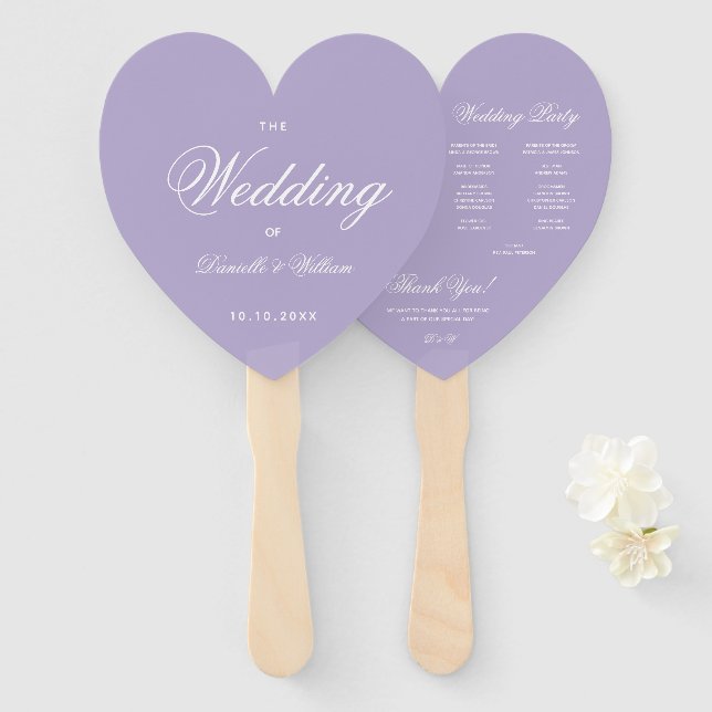 Lavender Heart Wedding Program Lila White Script Fächer (Vorne und Hinten)