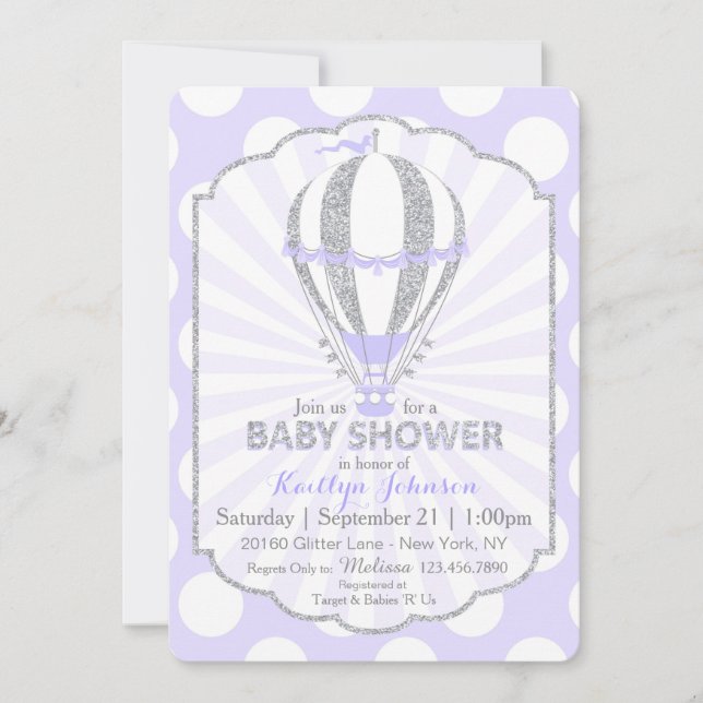 Lavender Hot Air Ballon Babydusche Einladung (Vorderseite)