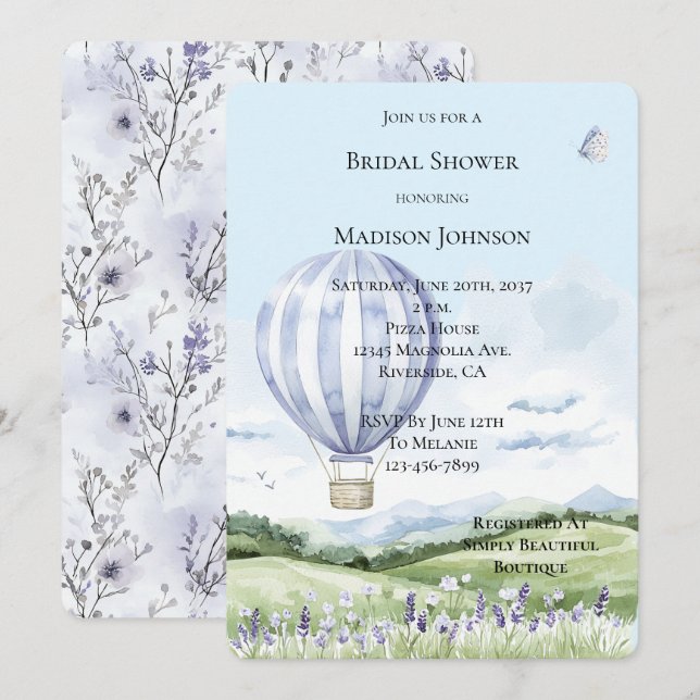 Lavender Hot Air Ballon Floral Brautparty Einladung (Vorne/Hinten)