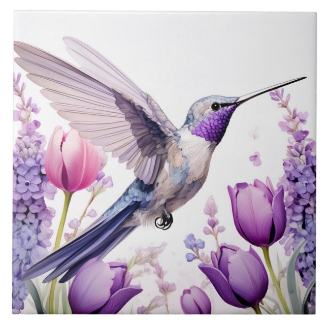 Lavender Hummingbird Illustration Fliese (Vorderseite)