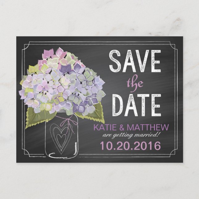 Lavender Hydrangea Chalkboard Save the Date Ankündigungspostkarte (Vorderseite)