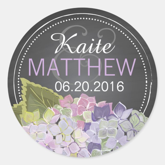 Lavender Hydrangea Chalkboard Wedding Label Runder Aufkleber (Vorderseite)