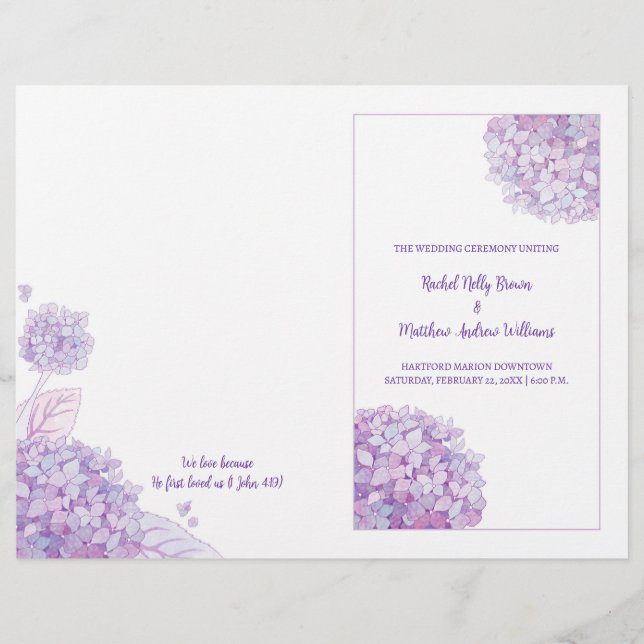 Lavender Hydrangeas White Wedding BiFold Programm (Vorderseite)