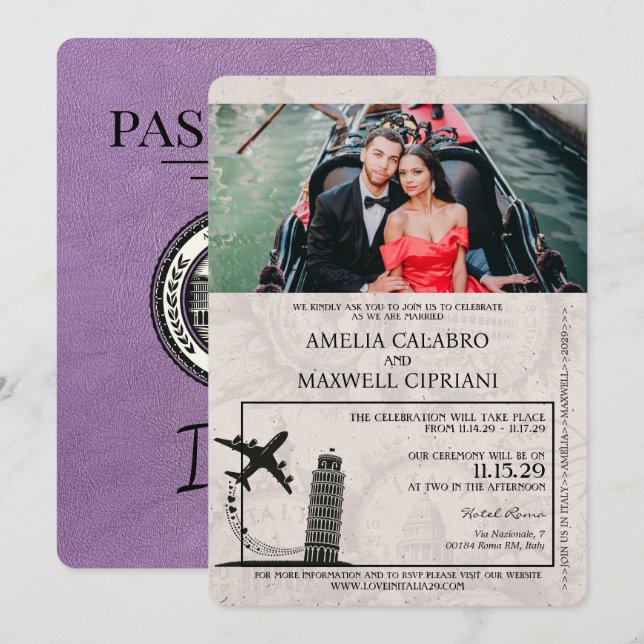 Lavender Italy Passport Wedding Einladung (Vorne/Hinten)
