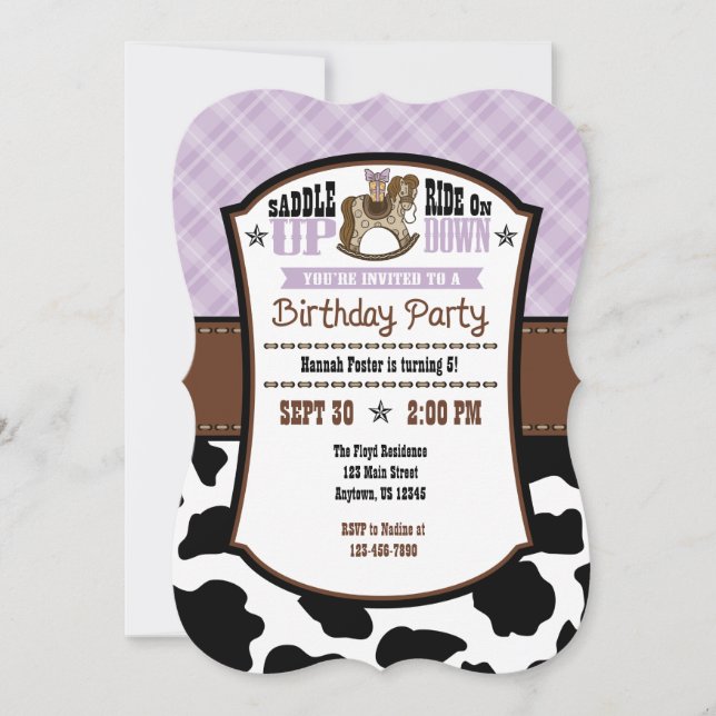 Lavender Kariert Cowhide Cowboy Birthday Einladung (Vorderseite)