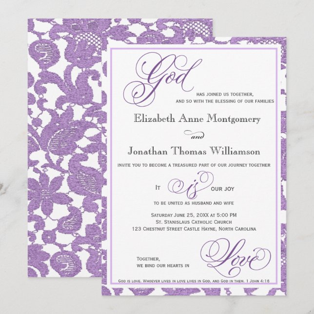 Lavender Lace Faire-part de mariage religieuse (Devant / Derrière)