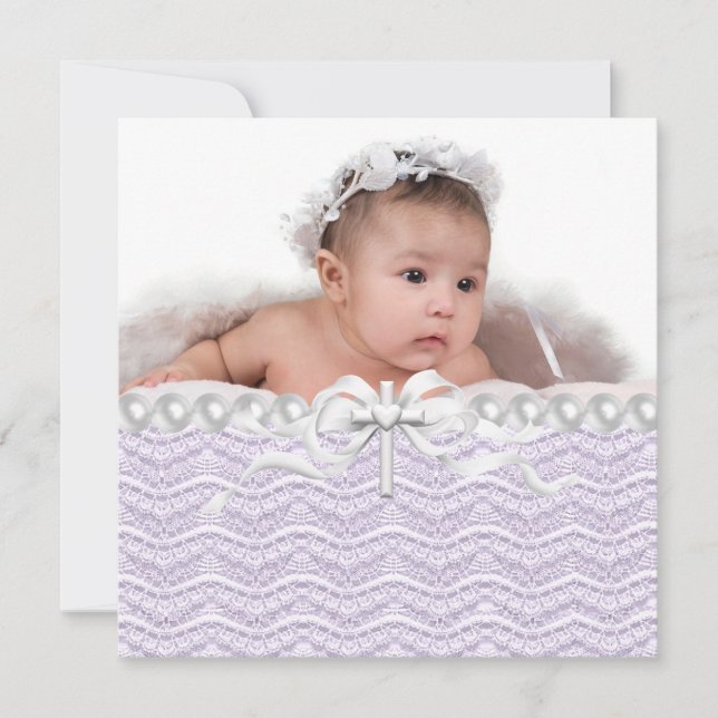 Lavender Lace Pearl Cross Christening Einladung (Vorderseite)