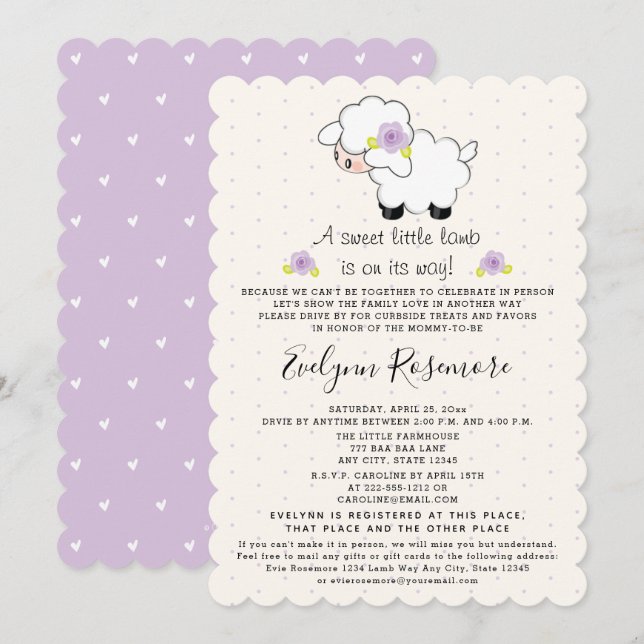 Lavender Lamb Drive By Baby Shower Invitations (Devant / Derrière)