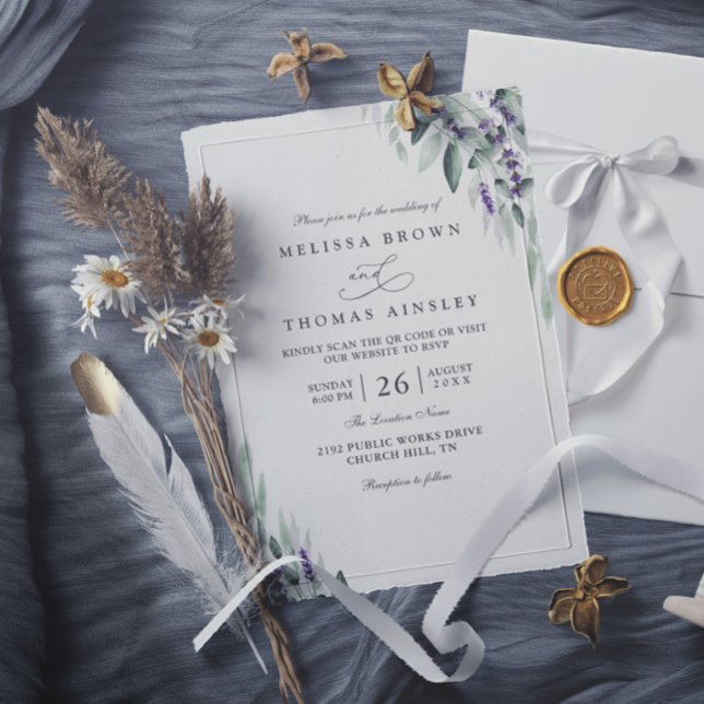 Lavender Leaves Rustic Elegant QR Code Wedding Einladung (Von Creator hochgeladen)