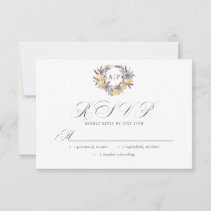 Lavender Lemon Monogram Floral Wappen Wedding RSVP Karte