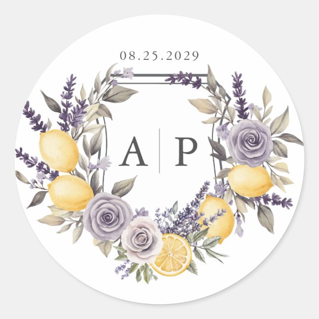 Lavender Lemon Monogram Floral Wappen Wedding Runder Aufkleber (Vorderseite)