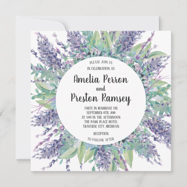Lavender Liebe Floral Eukalyptus Lila Hochzeit Einladung (Vorderseite)