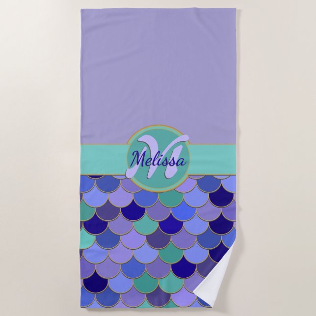 Lavender Lila & Aqua Mermaid | Name der Monogramm Strandtuch (Vorderseite)