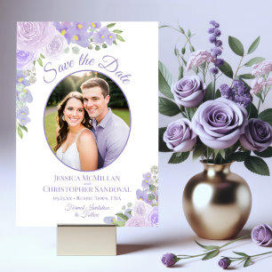 Lavender Lila Aquarellblumen & Foto Hochzeit Save The Date