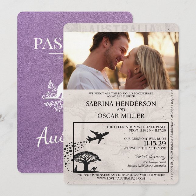 Lavender Lila Australia Passport Wedding Einladung (Vorne/Hinten)