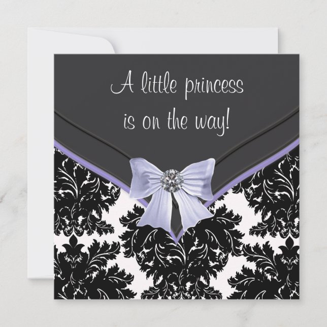 Lavender Lila Black Damask Bow Baby Dusche Einladung (Vorderseite)