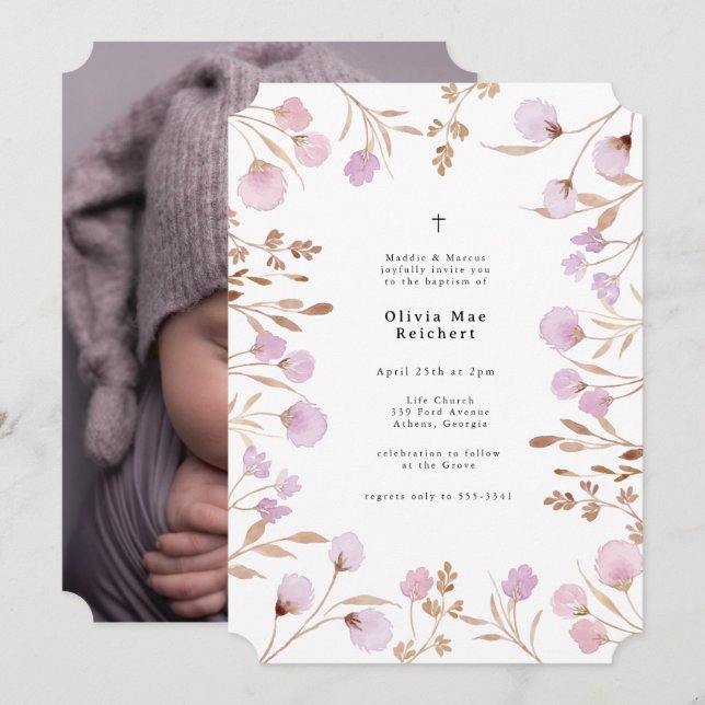 Lavender Lila Blume Foto Christening Taufe Einladung (Vorne/Hinten)