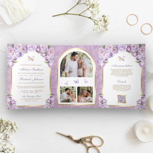 Lavender Lila Blumen-Gold-Arch-Schmetterling-Hochz Dreifach Gefaltete Einladung (Von Creator hochgeladen)